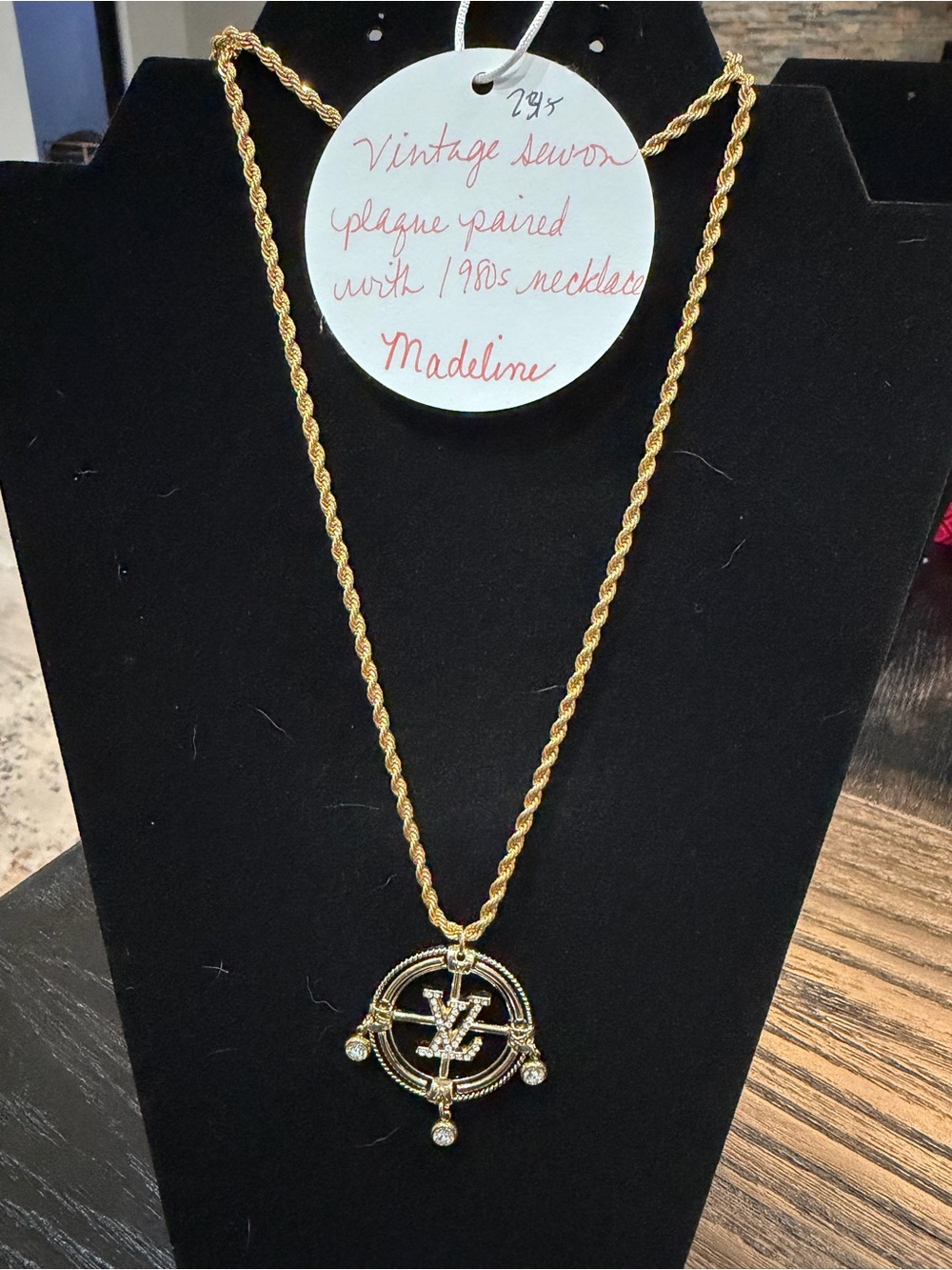 32” Madeline Gold-Plated Rope Chain Necklace with Up-Cycled LV Crystal Medallion